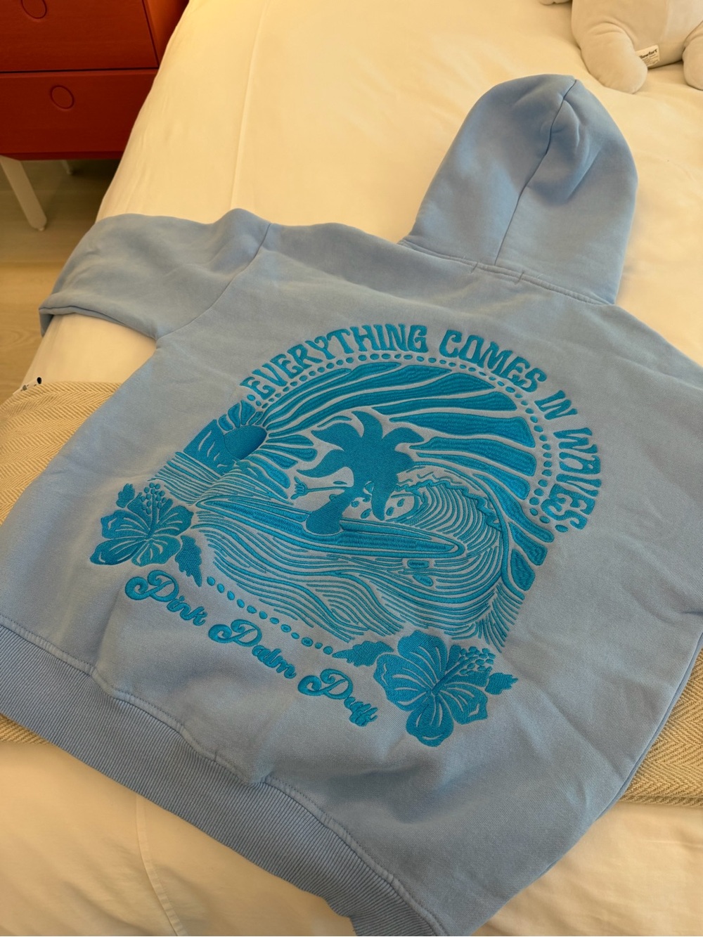 Light Blue Women's Graphic Hoodie Coverup with Surf Wave Print
